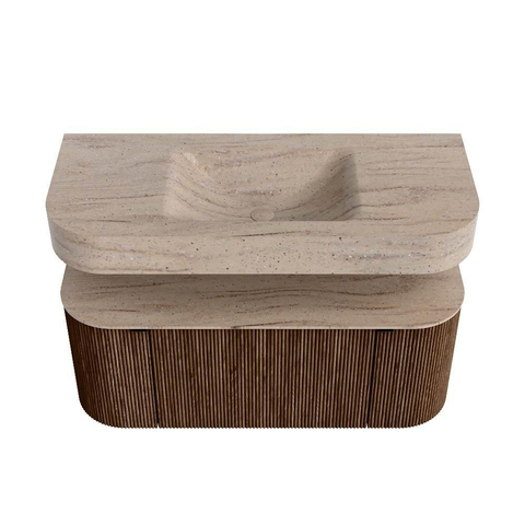 MONDIAZ THOR-DLUX 110cm meuble de salle de bains arrondi gauche + droite couleur Walnut avec 1 tiroir et 2 portes. Vasque suspendue CLOUD Milieu sans trou de robinet couleur Saba. SW1463007