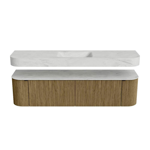 MONDIAZ THOR-DLUX 180cm meuble de salle de bains arrondi gauche + droite couleur Dusk avec 2 tiroirs et 2 portes. Vasque suspendue CLOUD Milieu 1 trou de robinet couleur Opalo. SW1466005
