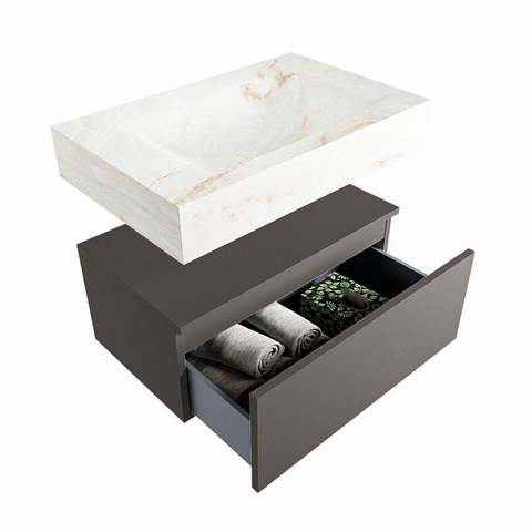 Mondiaz ALAN-DLUX Ensemble de meuble - 70cm - meuble Dark grey mat - 1 tiroir - Lavabo Cloud Frappe suspendu - vasque Centre - 0 trous de robinet SW804818