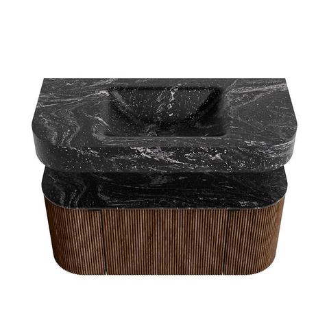 MONDIAZ THOR-DLUX 100cm meuble de salle de bains arrondi gauche + droite couleur Walnut avec 1 tiroir et 2 portes. Vasque suspendue CLOUD Milieu 1 trou de robinet couleur Lava. SW1467373
