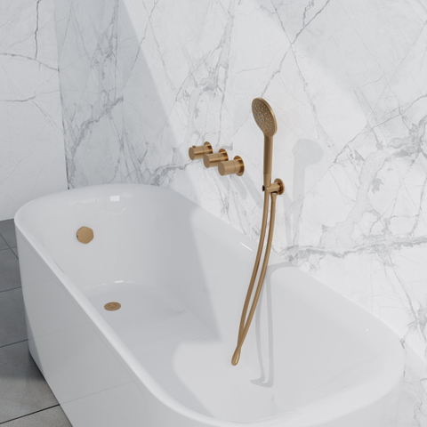 Fortifura Nebbio Ensemble combiné bain - mitigeur thermostatique - coude mural avec support de douchette - flexible de douche lisse - douchette ronde - Remplissage-vidage de baignoire - laiton brossé PVD (or) SW1238083