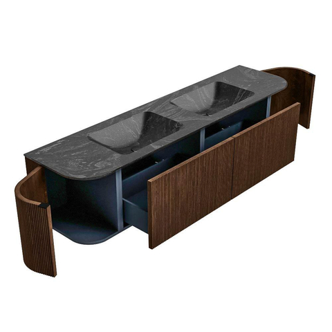 MONDIAZ KURVE-DLUX meuble de salle de bains 180cm avec module 25 Len R couleur Walnut avec 2 tiroirs et 2 portes. Lavabo LEAF double 2 trous de robinet couleur Lava. SW1137306