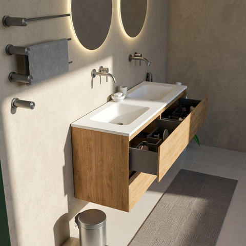 Saniclass Holz Pure Badkamermeubelset - 140x45x77.5cm - Torino solid surface wastafel wit - zonder kraangat - 4 lades - mat eiken natural (hout) SW1478683