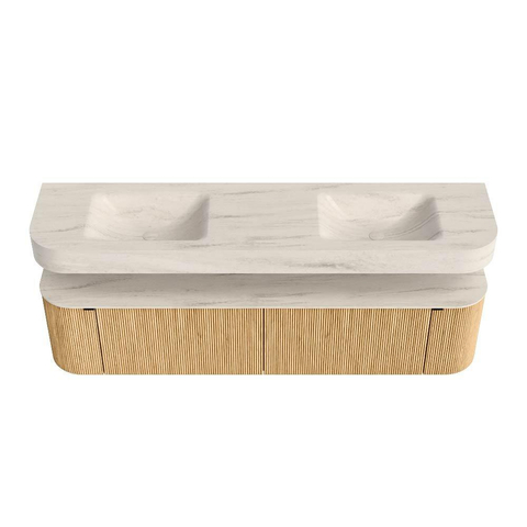 MONDIAZ THOR-DLUX 190cm meuble de salle de bains arrondi gauche + droite couleur Oak avec 2 tiroirs et 2 portes. Vasque suspendue CLOUD Double 2 trous de robinet couleur Meli. SW1466731