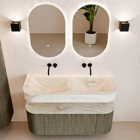 MONDIAZ THOR-DLUX 120cm meuble de salle de bains arrondi gauche + droite couleur Shadow avec 1 tiroir et 2 portes. Vasque suspendue CLOUD Double sans trou de robinet couleur Ostra. SW1463212