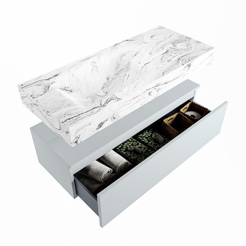 Mondiaz ALAN-DLUX Ensemble de meuble - 110cm - meuble Clay mat - 1 tiroir - Lavabo Cloud Glace suspendu - vasque Gauche - 1 trou de robinet SW806403
