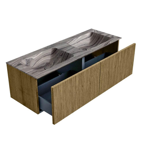 MONDIAZ KURVE-DLUX Meuble de salle de bains 130 cm couleur Dusk avec 2 tiroirs et 0 porte. Lavabo LEAF Double 2 trous de robinet Sombra. SW1433893