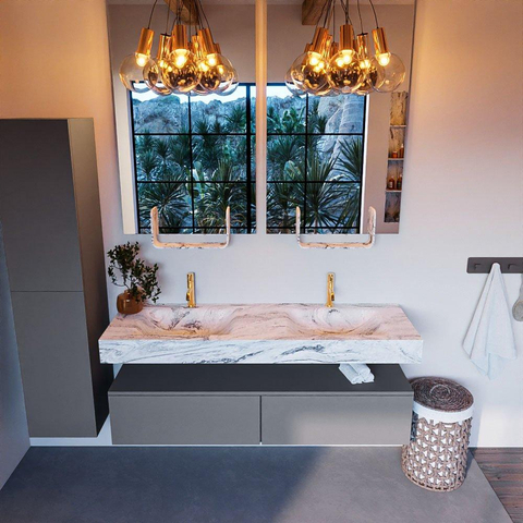 Mondiaz ALAN-DLUX Ensemble de meuble - 150cm - meuble Plata mat - 2 tiroirs - Lavabo Cloud Glace suspendu - vasque Gauche et droite - 2 trous de robinet SW806230