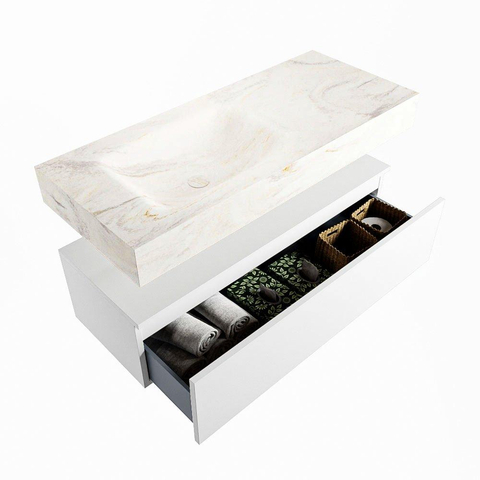 Mondiaz ALAN-DLUX Ensemble de meuble - 110cm - meuble Talc mat - 1 tiroir - Lavabo Cloud Ostra suspendu - vasque Gauche - 1 trou de robinet SW806976