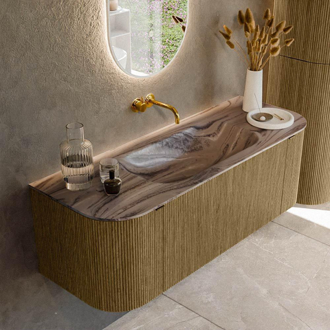 MONDIAZ KURVE-DLUX Meuble de salle de bains 130cm arrondi Gauche + Droite couleur Dusk avec 1 tiroir et 2 portes. Vasque BIG SMALL Centre sans trou de robinet Sombra. SW1433841