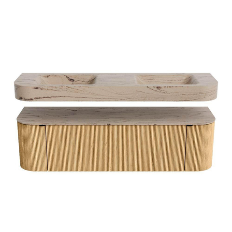 MONDIAZ THOR-DLUX 160cm meuble de salle de bains arrondi gauche + droite couleur Oak avec 1 tiroir et 2 portes. Vasque suspendue CLOUD Double sans trou de robinet couleur Arena. SW1465128