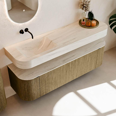 MONDIAZ THOR-DLUX 160cm meuble de salle de bains arrondi gauche + droite couleur Dusk avec 1 tiroir et 2 portes. Vasque suspendue CLOUD Gauche sans trou de robinet couleur Meli. SW1465150