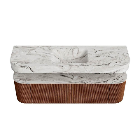 MONDIAZ THOR-DLUX 160cm meuble de salle de bains arrondi gauche + droite couleur Ruby avec 1 tiroir et 2 portes. Vasque suspendue CLOUD Milieu 1 trou de robinet couleur Glace. SW1465165