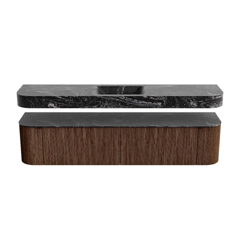 MONDIAZ THOR-DLUX 200cm badmeubel ronding links + rechts kleur Walnut met 2 lades en 2 deuren. Vrijhangende wastafel CLOUD Midden zonder kraangat kleur Lava. SW1466987