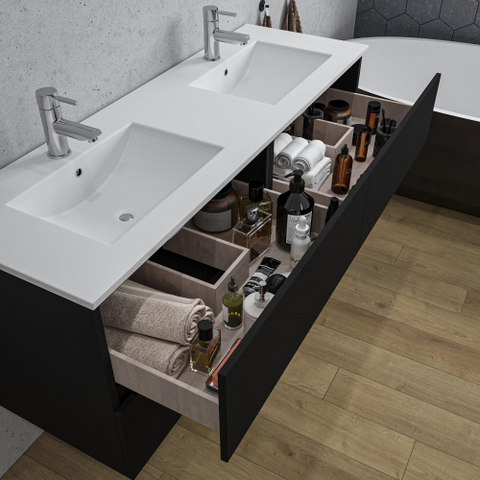 Saniclass Chaci Meuble bas de salle de bain - 140x46x55cm - 4 tiroirs - sans poignée - lavabo en céramique blanc - 2 vasques - 2 trous de robinet - noir mat SW1171448