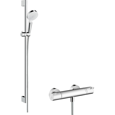 Hansgrohe Crometta Opb - douchesysteem Vario - met Ecostat - 1001 CL - glijstang 90cm chroom/w - thermostaat - wit SW73236