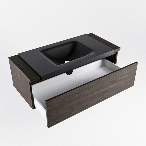 Ensemble de meuble de salle de bain Mondiaz BUKLA 100x45x34cm 0 trous de robinet lavabo au centre solid surface Urban sans poignée 1 tiroir avec fermeture douce Mélamine Marron foncé SW704920