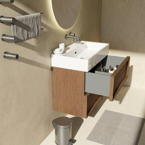 Saniclass Holz Frame Badkamermeubelset - 80x45x72cm - Legend keramische wastafel mat wit - 1 wasbak - zonder kraangat - 2 lades - mat walnut pure (hout) SW1580071