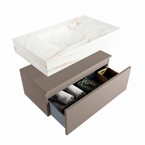 Mondiaz ALAN-DLUX Ensemble de meuble - 80cm - meuble Smoke mat - 1 tiroir - Lavabo Cloud Frappe suspendu - vasque Centre - 1 trou de robinet SW804807