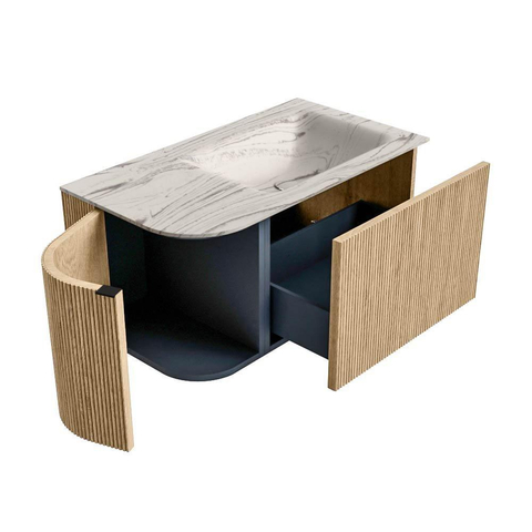 MONDIAZ KURVE-DLUX Meuble de salle de bains 85cm arrondi à gauche couleur Oak avec 1 tiroir et 1 porte. Lavabo CLOUD à droite 1 trou de robinet Nata. SW1432057