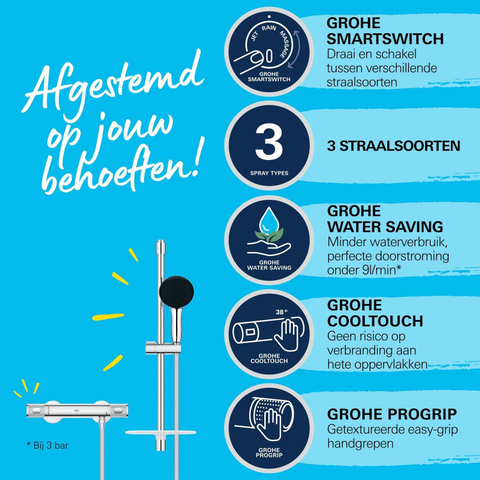 GROHE Precision Feel Ensemble de douche - robinet thermostatique - avec ensemble barre de douche - 60cm - douchette ronde - 3 jets - flexible de douche lisse - chrome SW1028280
