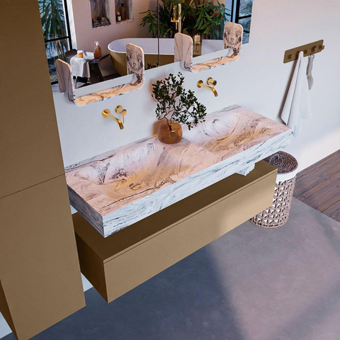 Mondiaz ALAN-DLUX Ensemble de meuble - 130cm - meuble Oro mat - 1 tiroir - Lavabo Cloud Glace suspendu - vasque Gauche et droite - 0 trous de robinet SW806325