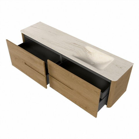 Mondiaz CIRO-DLUX Badkamermeubelset - 180x45x50cm - Solid surface wastafel Meli - 1 wasbak Rechts - 1 kraangat - 4 lades - Oak SW1531482