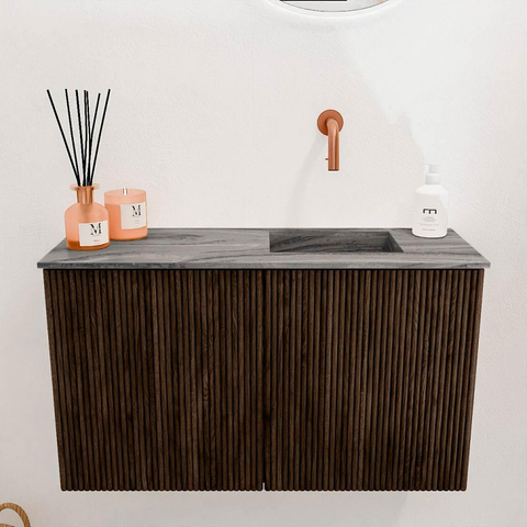 Mondiaz JOYA-DLUX 70cm toiletmeubel - kleur Walnut - Wastafel FAYE positie Rechts Zonder kraangat kleur Sombra. SW1424714