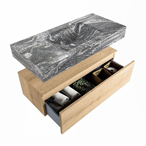 MONDIAZ ALAN - DLUX Badkamermeubelset - 100cm - onderkast - Washed Oak - 1 lade - vrijhangende wastafel - wasbak midden - 1 kraangat - Lava SW809152