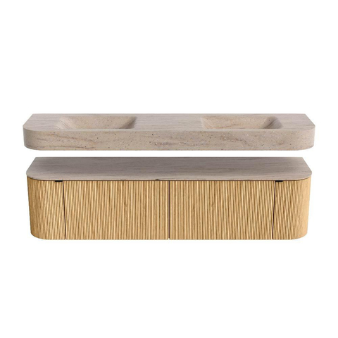 MONDIAZ THOR-DLUX 180cm meuble de salle de bains arrondi gauche + droite couleur Oak avec 2 tiroirs et 2 portes. Vasque suspendue CLOUD Double sans trou de robinet couleur Saba. SW1466339