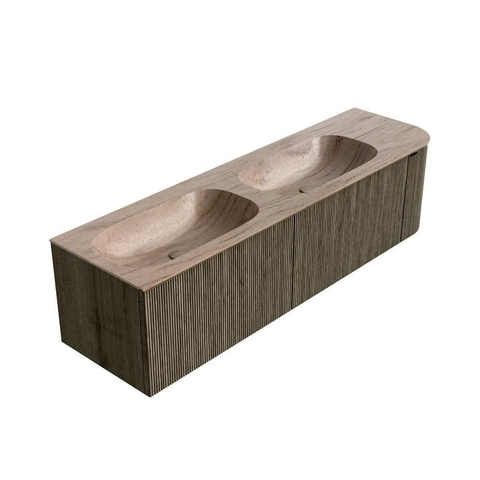 MONDIAZ KURVE-DLUX Meuble de salle de bains 165cm arrondi à droite couleur Shadow avec 2 tiroirs et 1 porte. Lavabo STOR SMALL Double / Gauche 2 trous de robinet Saba. SW1433290