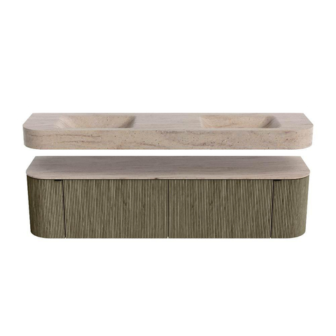 MONDIAZ THOR-DLUX 180cm meuble de salle de bains arrondi gauche + droite couleur Shadow avec 2 tiroirs et 2 portes. Vasque suspendue CLOUD Double 2 trous de robinet couleur Saba. SW1466255