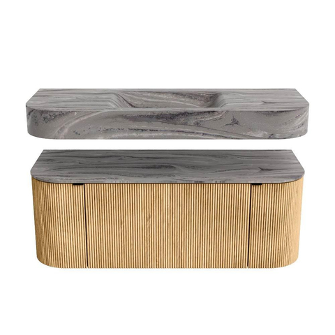 MONDIAZ THOR-DLUX 120cm meuble de salle de bains arrondi gauche + droite couleur Oak avec 1 tiroir et 2 portes. Vasque suspendue CLOUD Milieu 1 trou de robinet couleur Sombra. SW1463670