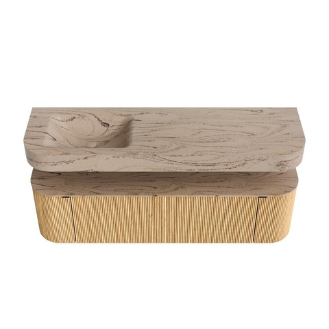 MONDIAZ THOR-DLUX 160cm meuble de salle de bains arrondi gauche + droite couleur Oak avec 1 tiroir et 2 portes. Vasque suspendue CLOUD Gauche 1 trou de robinet couleur Arena. SW1465120