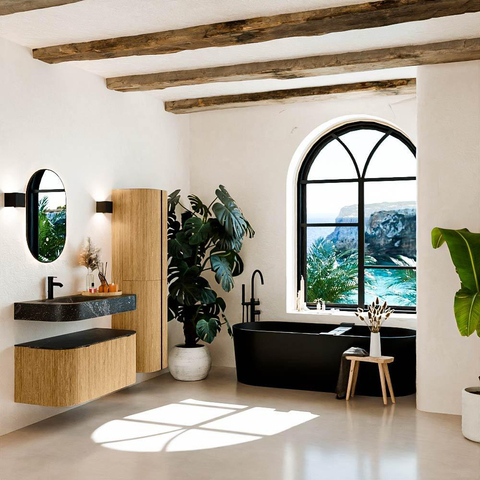 MONDIAZ THOR-DLUX 100cm meuble de salle de bains arrondi gauche + droite couleur Oak avec 1 tiroir et 2 portes. Vasque suspendue CLOUD Gauche 1 trou de robinet couleur Lava. SW1467311