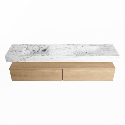 Mondiaz ALAN-DLUX Ensemble de meuble - 200cm - meuble Washed Oak mat - 2 tiroirs - Lavabo Cloud Glace suspendu - vasque Gauche et droite - 2 trous de robinet SW808949