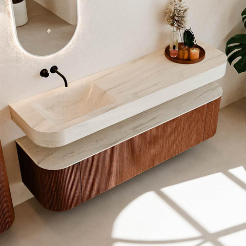 MONDIAZ THOR-DLUX Meuble de salle de bains 170cm arrondi gauche + droite couleur Ruby avec 1 tiroir et 2 portes. Vasque suspendue CLOUD Gauche sans trou de robinet couleur Meli. SW1465765