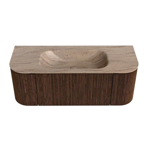 MONDIAZ KURVE-DLUX 120cm badmeubel ronding Links + Rechts kleur Walnut met 1 lade en 2 deuren. Wastafel BIG SMALL Midden 1 kraangat Saba. SW1433157