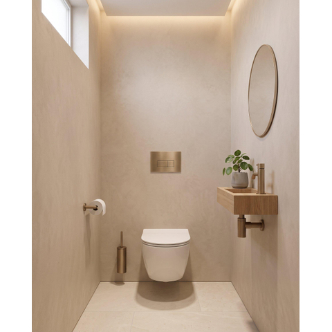 Pack WC QeramiQ Dely Swirl Compact - réservoir encastrable Geberit UP320 - avec bâti-support Burda - abattant slim - plaque de commande en plastique laiton brossé (or) - boutons rectangulaires - blanc brillant SW1592297