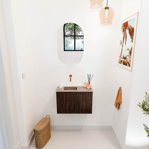 Mondiaz JOYA-DLUX 60cm toiletmeubel - kleur Walnut - Wastafel FAYE positie Links Zonder kraangat kleur Arena. SW1424329