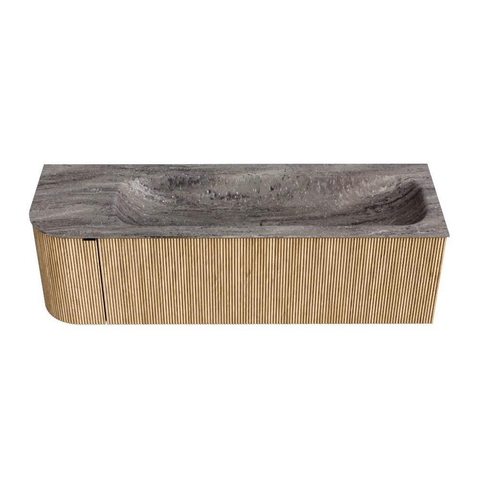 MONDIAZ KURVE-DLUX meuble de salle de bains 145cm arrondi à gauche couleur chêne avec 1 tiroir et 1 porte. Lavabo BIG LARGE à droite 2 trous de robinet Oza. SW1432663