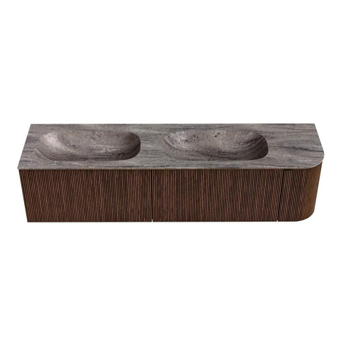 MONDIAZ KURVE-DLUX 175cm badmeubel ronding Rechts kleur Walnut met 2 lades en 1 deur. Wastafel STOR SMALL Dubbel / Links zonder kraangat Oza. SW1432490