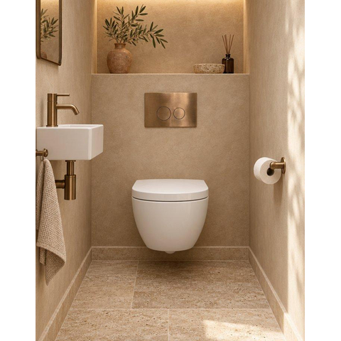 QeramiQ Dely Swirl Compact Toiletset - inbouwreservoir QeramiQ flush - 25mm zitting - metalen bedieningsplaat koper - ronde knoppen - mat wit SW1590810