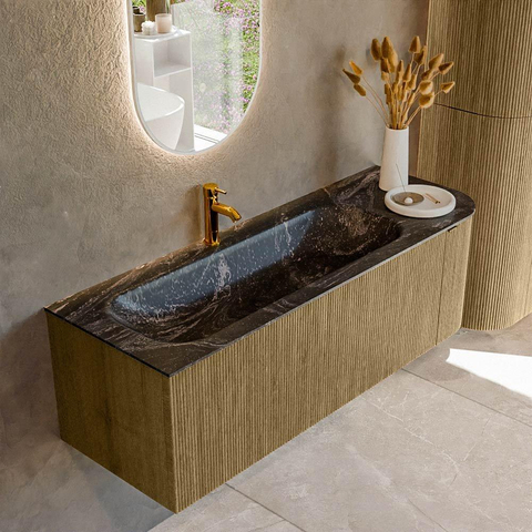 Mondiaz KURVE-DLUX Ensemble de meuble de salle de bains - 135x46x40cm - 1 tiroir - 1 porte - lavabo solid surface - gauche - 1 trou de robinet - Dusk SW1415274