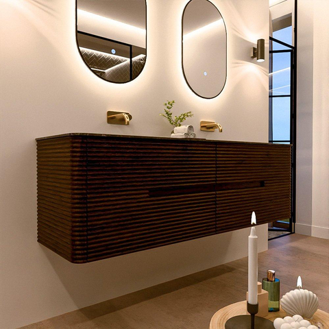 Mondiaz CIRO-DLUX Badkamermeubelset - 160x45x50cm - Solid surface wastafel Lava - 2 wasbak Dubbel - zonder kraangaten - 4 lades - Walnut SW1530166