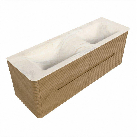 Mondiaz CIRO-DLUX Ensemble de meuble de salle de bains - 140x45x50cm - Plan-vasque solid surface Ostra - 2 vasques double - sans trous de robinet - 4 tiroirs - Chêne SW1530937