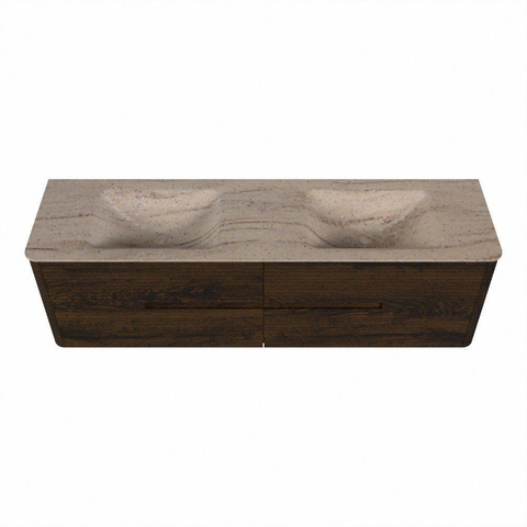 Mondiaz CIRO-DLUX Badkamermeubelset - 170x45x50cm - Solid surface wastafel Saba - 2 wasbak Dubbel - 2 kraangaten - 4 lades - Walnut SW1530714