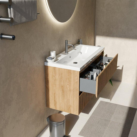 Saniclass Holz Atelier Ensemble de meubles de salle de bains - 100x45x63.5cm - Lavabo Bari en céramique blanc - 1 vasque - 1 trou de robinet - 2 tiroirs - chêne natural mat (bois) SW1478753