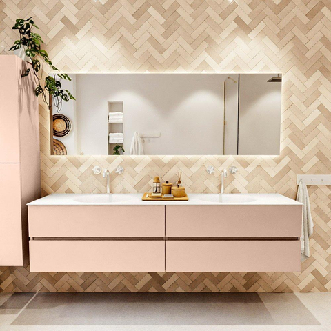 MONDIAZ VICA Ensemble meuble de salle de bains - 200cm - meuble bas rosee - 4 tiroirs - lavabo moon double - 2 trous de robinet - version haute 60cm - talc SW1080413