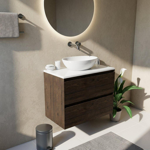 Saniclass Holz Pure Ensemble de meuble de salle de bains - 80x45x62.5cm - Plan de toilette Torino en solid surface blanc - sans trou de robinet - 2 tiroirs - chêne charcoal mat (bois) SW1478698